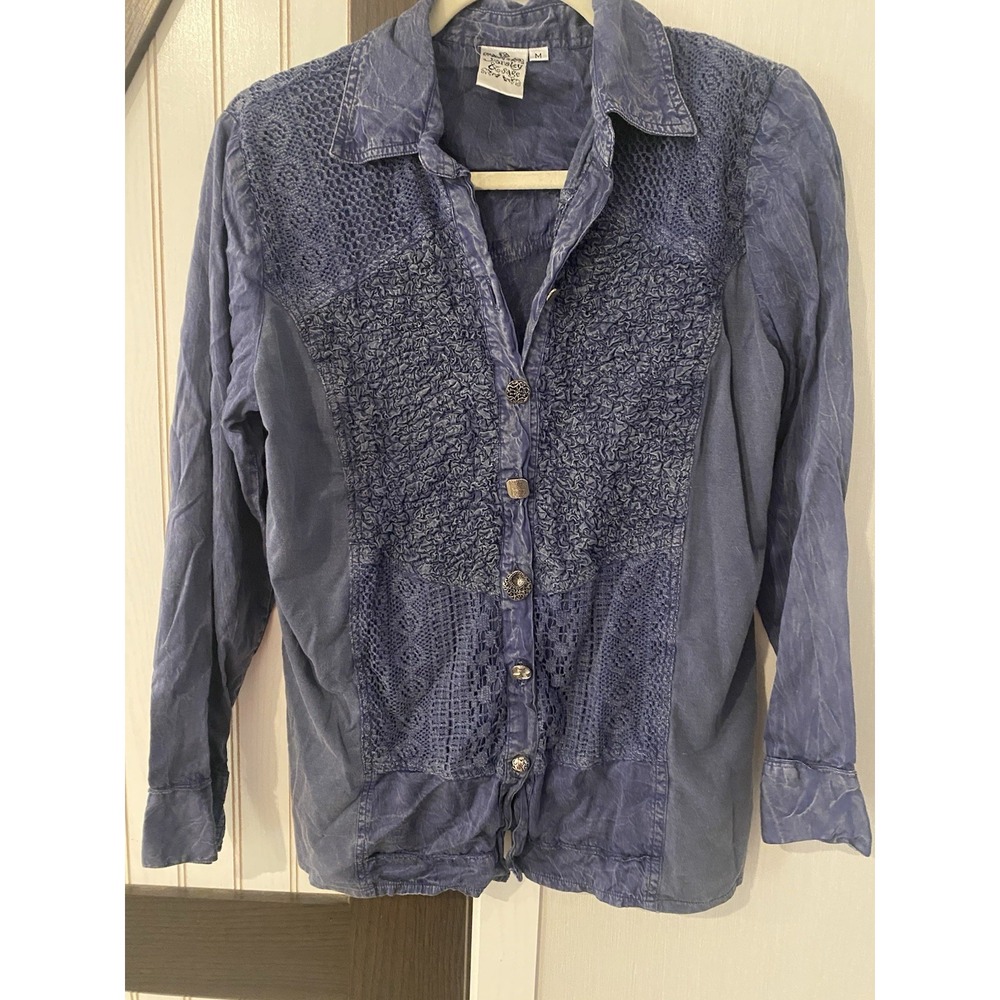 Parsley & Sage Blue Mineral Wash Soutache Embroidery Art Shirt Top Womens M